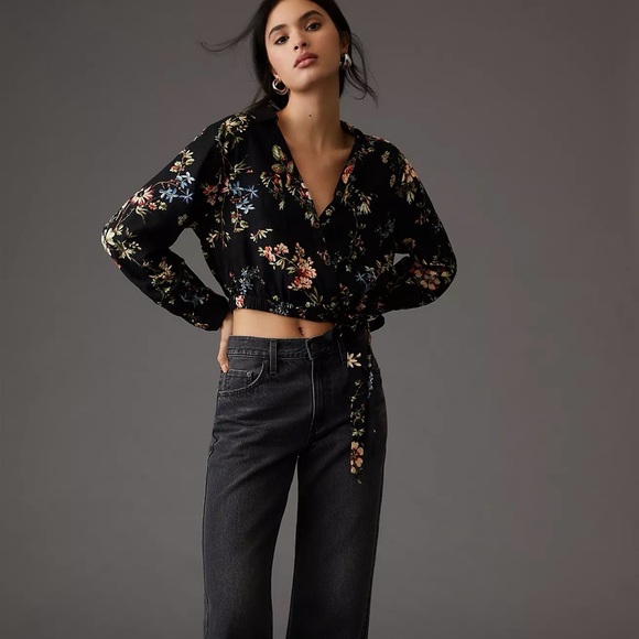 Anthropologie Tops - NWT Anthologies Pilcro Black Floral Cropped Waist-Tie Blouse Linen Small